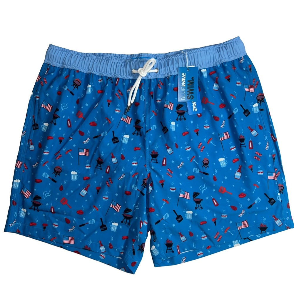 Blue Wave Men's Blue Summer BBQ USA Print Swim Trunks XL Drawstring Elastic-New